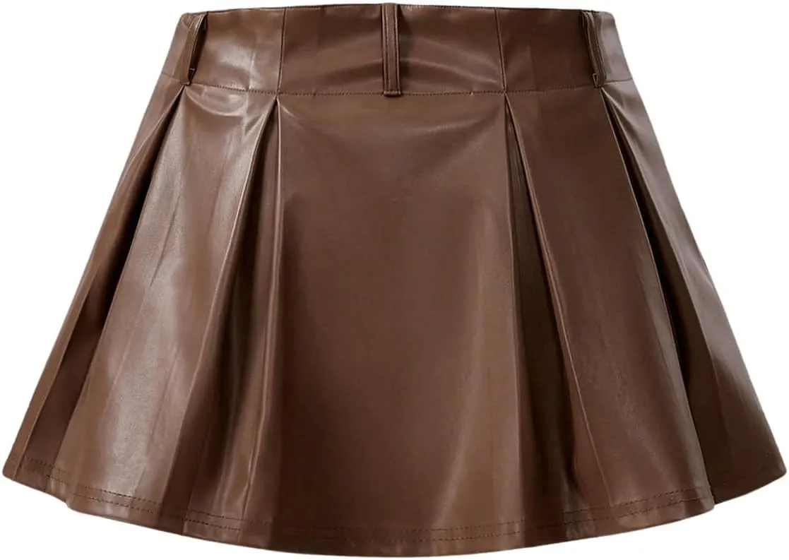 SweatyRocks Women's PU Leather A Line Mini Skirt Flared Hem Pleated Skirts with Shorts