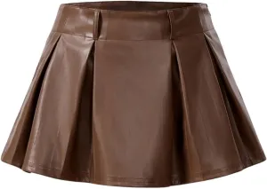 SweatyRocks Women's PU Leather A Line Mini Skirt Flared Hem Pleated Skirts with Shorts