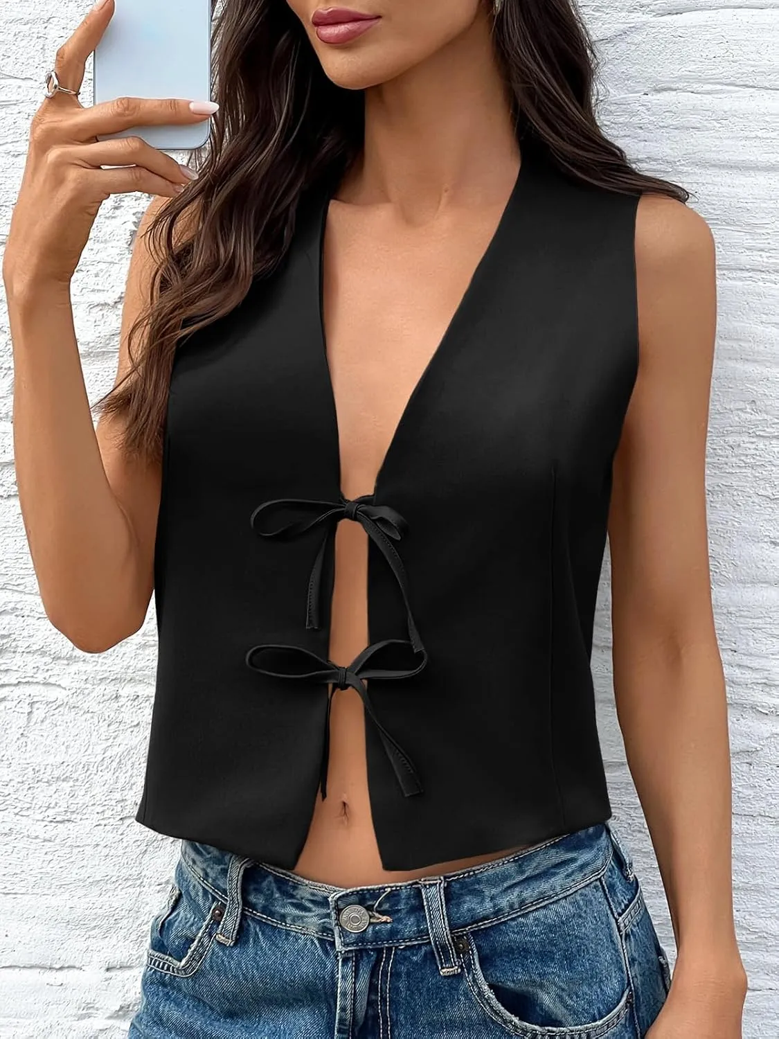Tankaneo Womens Bow Tie Front Cropped Vest Tops Cute V Neck Sleeveless Shirts Summer Casual Y2k Going Out Tank Tops