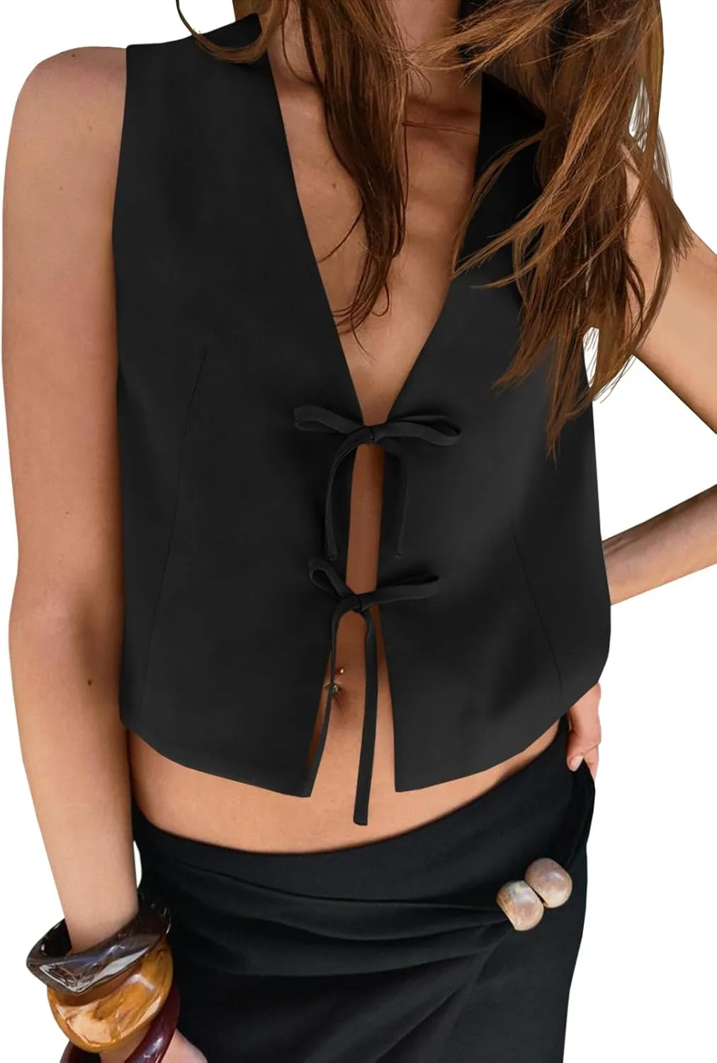 Tankaneo Womens Bow Tie Front Cropped Vest Tops Cute V Neck Sleeveless Shirts Summer Casual Y2k Going Out Tank Tops