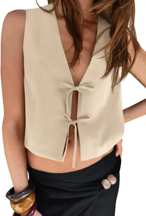 Tankaneo Womens Bow Tie Front Cropped Vest Tops Cute V Neck Sleeveless Shirts Summer Casual Y2k Going Out Tank Tops