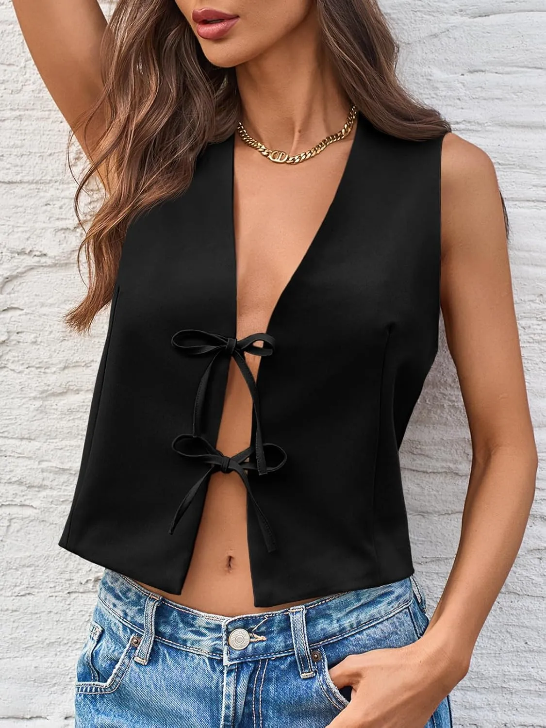 Tankaneo Womens Bow Tie Front Cropped Vest Tops Cute V Neck Sleeveless Shirts Summer Casual Y2k Going Out Tank Tops
