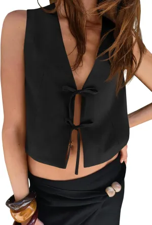 Tankaneo Womens Bow Tie Front Cropped Vest Tops Cute V Neck Sleeveless Shirts Summer Casual Y2k Going Out Tank Tops