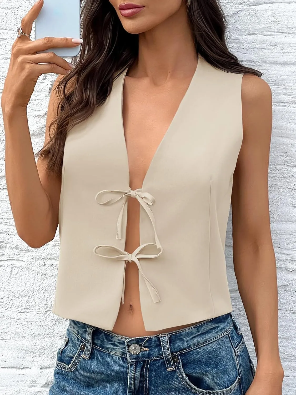 Tankaneo Womens Bow Tie Front Cropped Vest Tops Cute V Neck Sleeveless Shirts Summer Casual Y2k Going Out Tank Tops