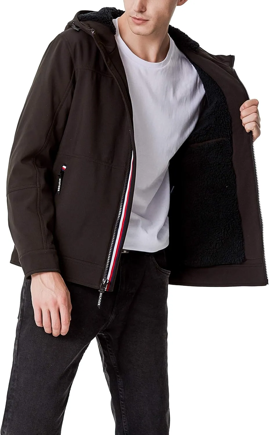 Tommy Hilfiger Mens Hooded Soft Shell Sherpa Lined Performance Field Jacket