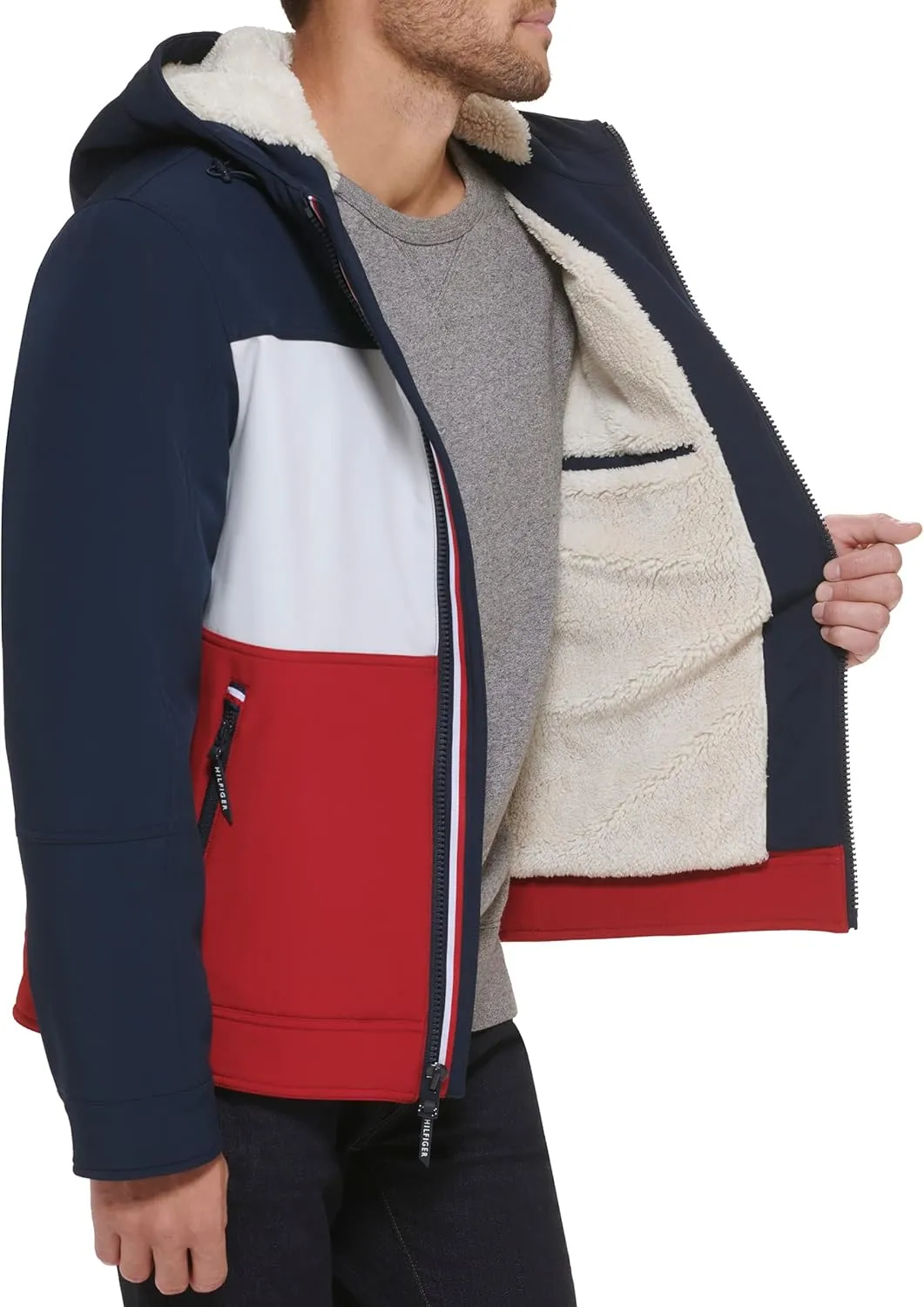 Tommy Hilfiger Mens Hooded Soft Shell Sherpa Lined Performance Field Jacket