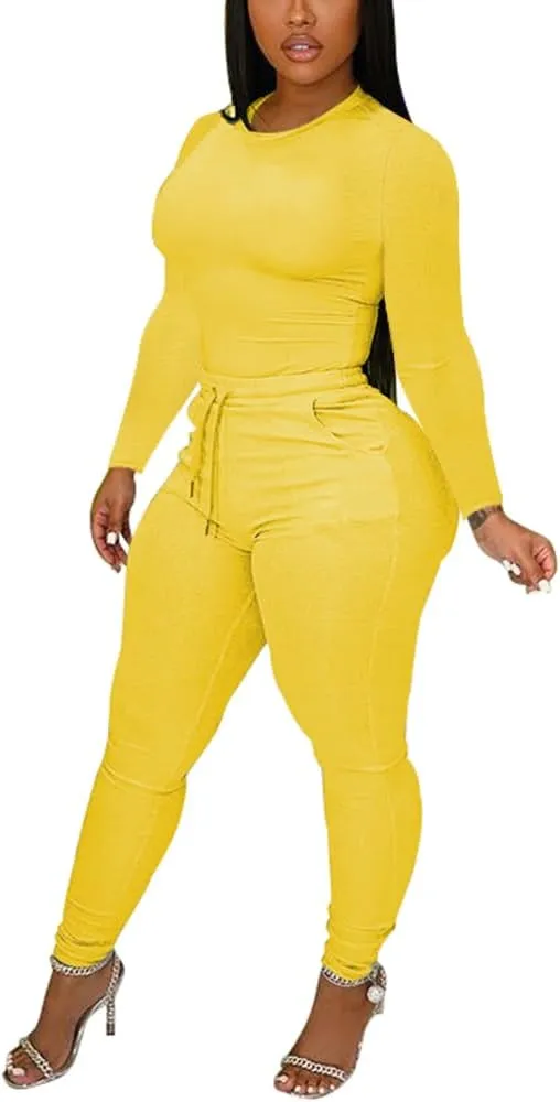 TOPSRANI Womens Two Piece Outfits Bodycon Tracksuit Sweatsuits Solid Jogger Workout Gym Biker Lounge Long Sleeve Pant Sets
