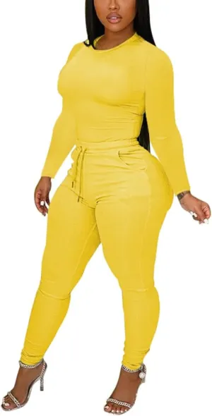 TOPSRANI Womens Two Piece Outfits Bodycon Tracksuit Sweatsuits Solid Jogger Workout Gym Biker Lounge Long Sleeve Pant Sets