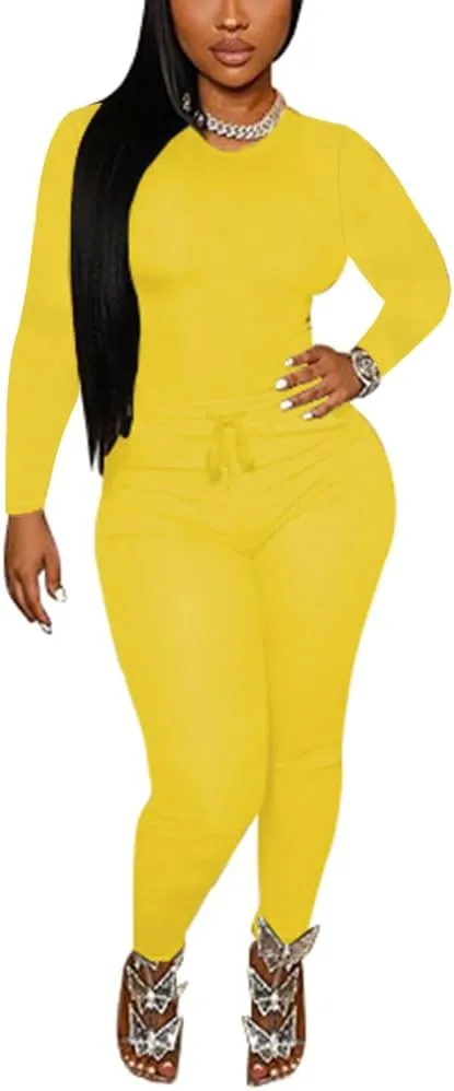 TOPSRANI Womens Two Piece Outfits Bodycon Tracksuit Sweatsuits Solid Jogger Workout Gym Biker Lounge Long Sleeve Pant Sets