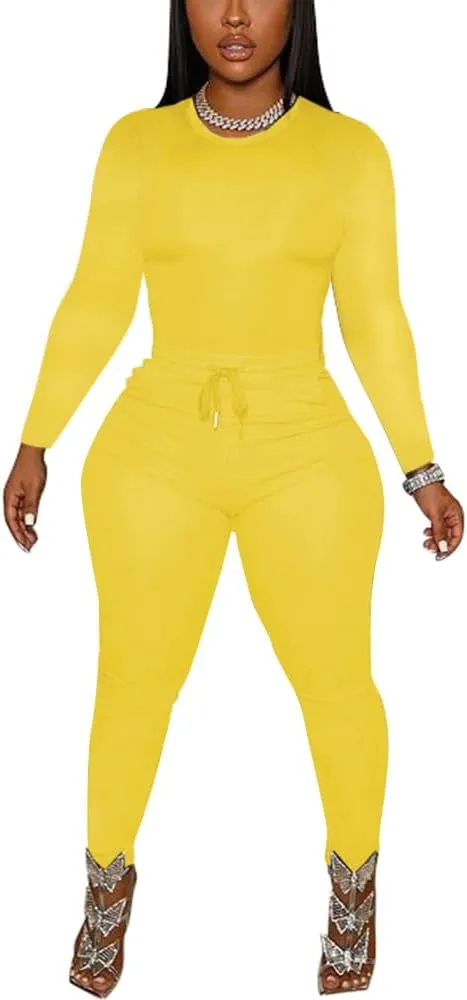 TOPSRANI Womens Two Piece Outfits Bodycon Tracksuit Sweatsuits Solid Jogger Workout Gym Biker Lounge Long Sleeve Pant Sets