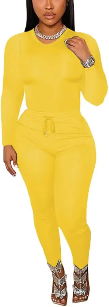 TOPSRANI Womens Two Piece Outfits Bodycon Tracksuit Sweatsuits Solid Jogger Workout Gym Biker Lounge Long Sleeve Pant Sets