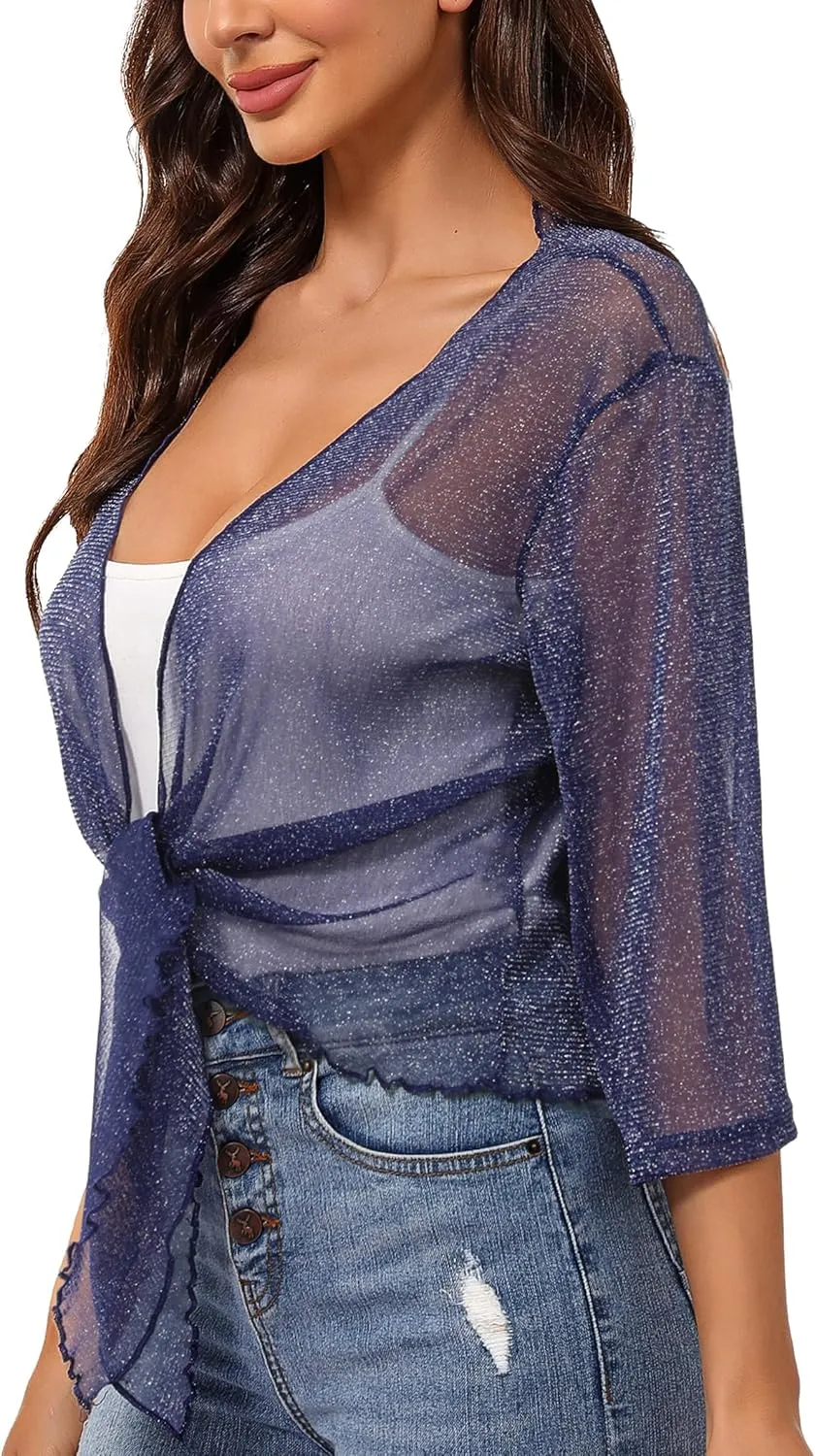Totatuit Womens Shiny Sheer 3/4 Sleeve Shrug Tie Bolero Top Open Front Mesh Cardigan Lightweight