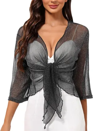 Totatuit Womens Shiny Sheer 3/4 Sleeve Shrug Tie Bolero Top Open Front Mesh Cardigan Lightweight