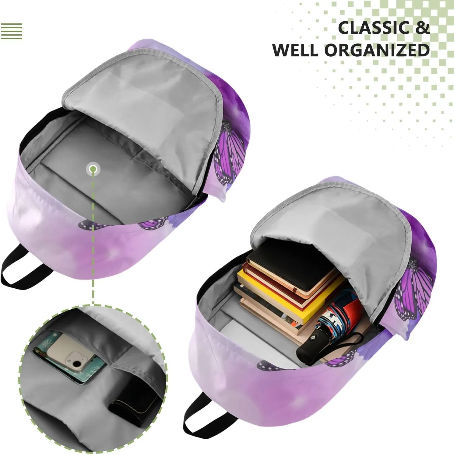 Travel Backpack for Women Laptop Bag Work Fashion Design Daypack Butterfly Purple Flower Large Lightweight Outdoor Casual