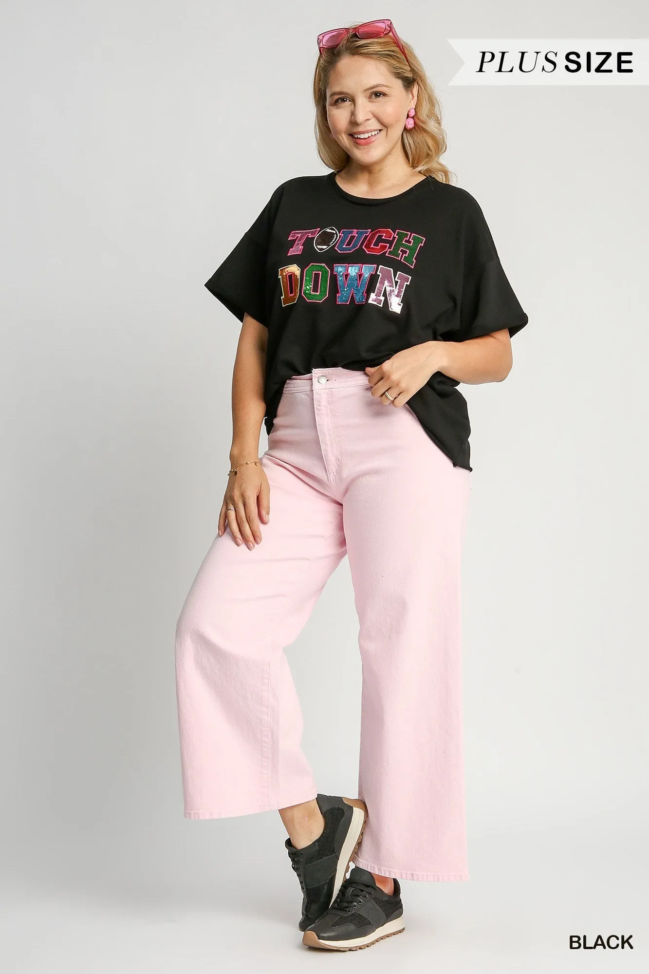 Umgee Black French Terry Sequin Touch Down Top Plus