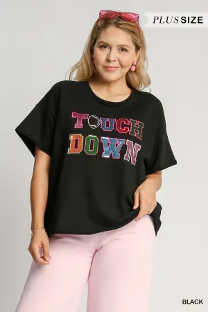 Umgee Black French Terry Sequin Touch Down Top Plus