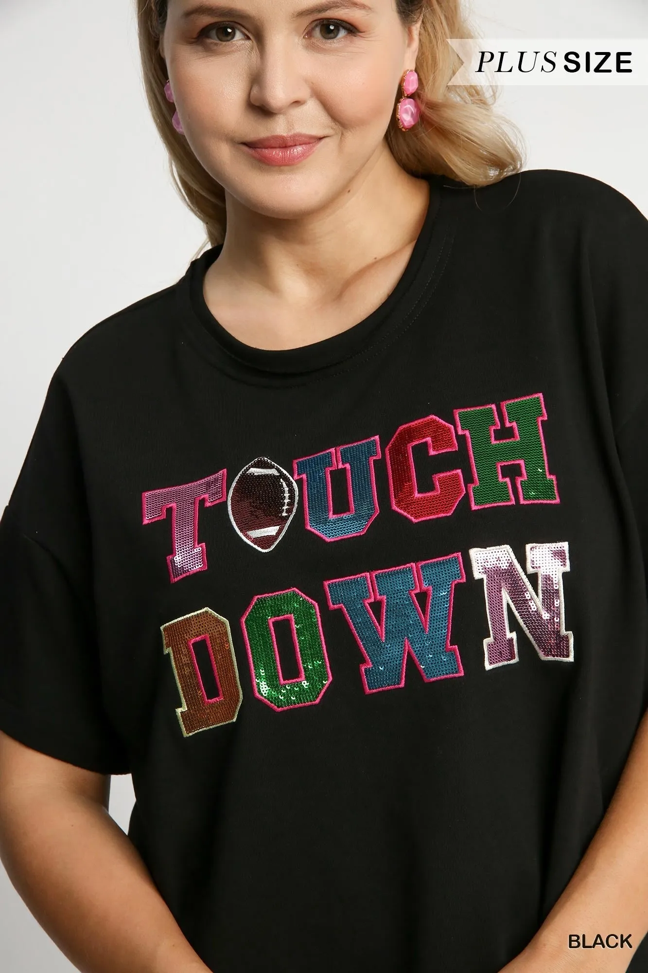 Umgee Black French Terry Sequin Touch Down Top Plus