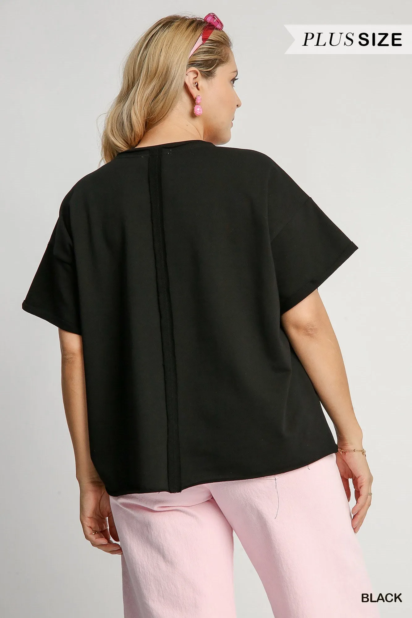 Umgee Black French Terry Sequin Touch Down Top Plus
