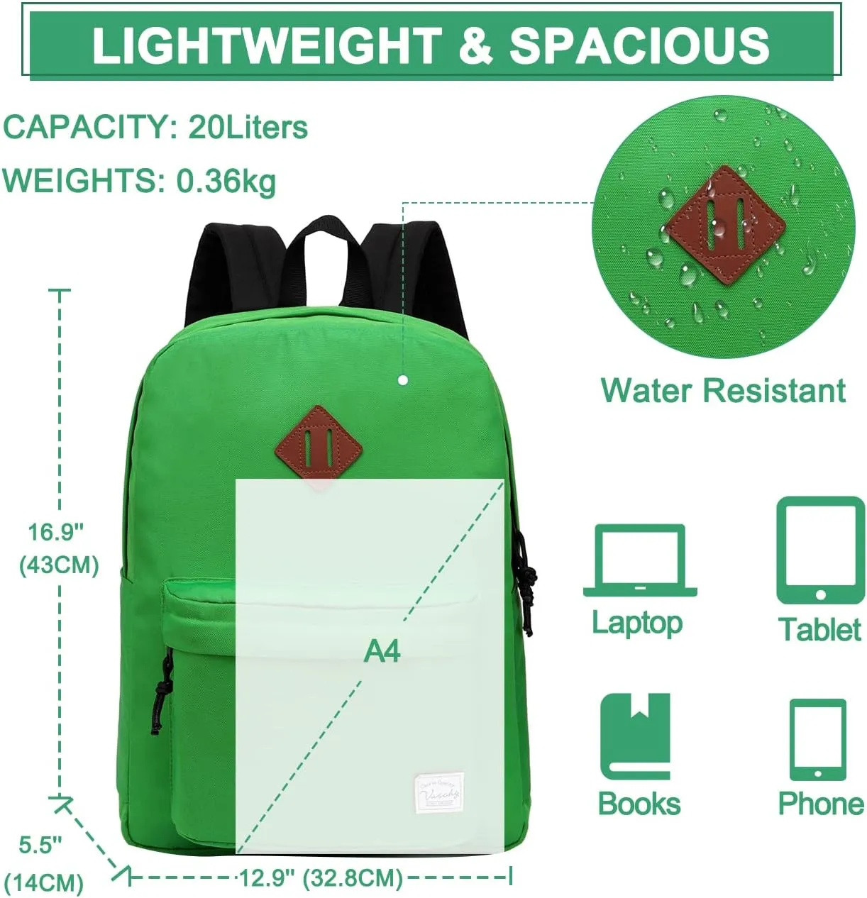 VASCHY Daypack Backpack, 16-Green, One Size