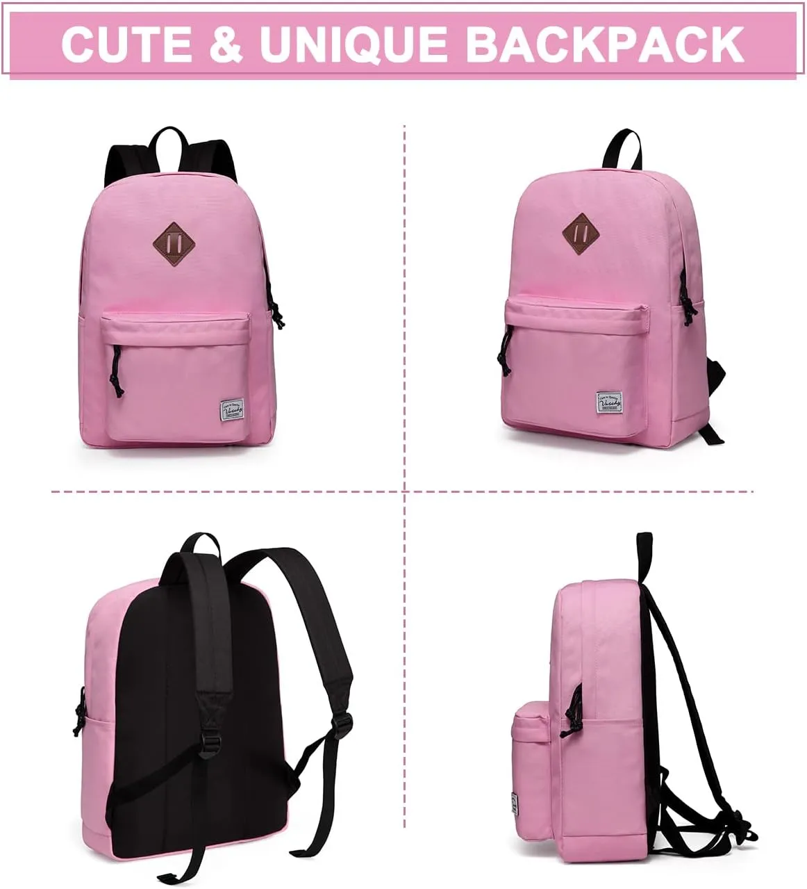 VASCHY School Backpack, Lightweight Water Repellent Backpack Men School Bag Women Children Boy Leisure for Girl School High School Teenagers College Business Travel, Pink, M, Backpacks Handbags