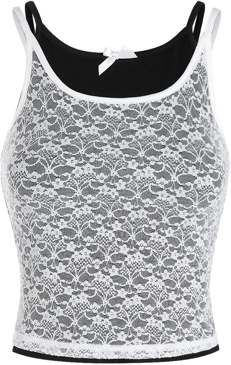 Verdusa Women's Fairycore Y2K Floral Lace Camisole Bowknot Backless 2 in 1 Cami Top
