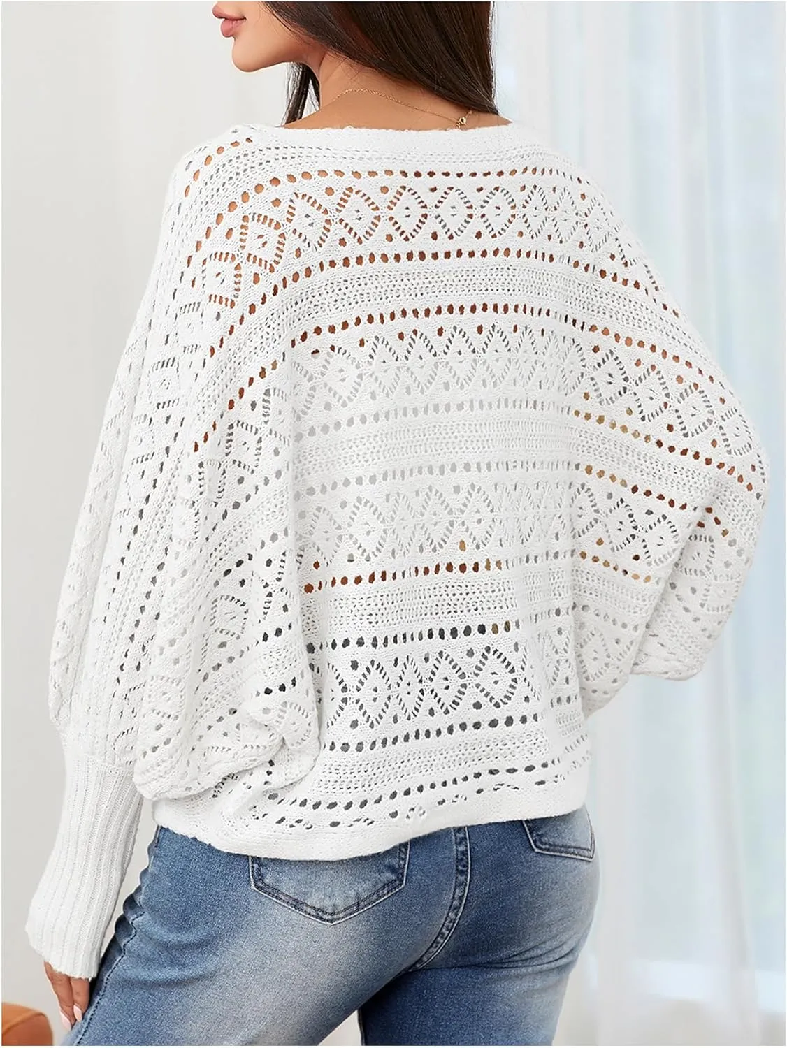 Verdusa Women's Off The Shoulder Sweater Crochet Dolman Sleeve Hollow Out Oversized Boat Neck Long Sleeve Pullovers