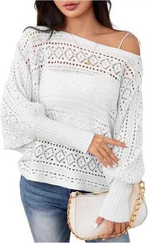 Verdusa Women's Off The Shoulder Sweater Crochet Dolman Sleeve Hollow Out Oversized Boat Neck Long Sleeve Pullovers