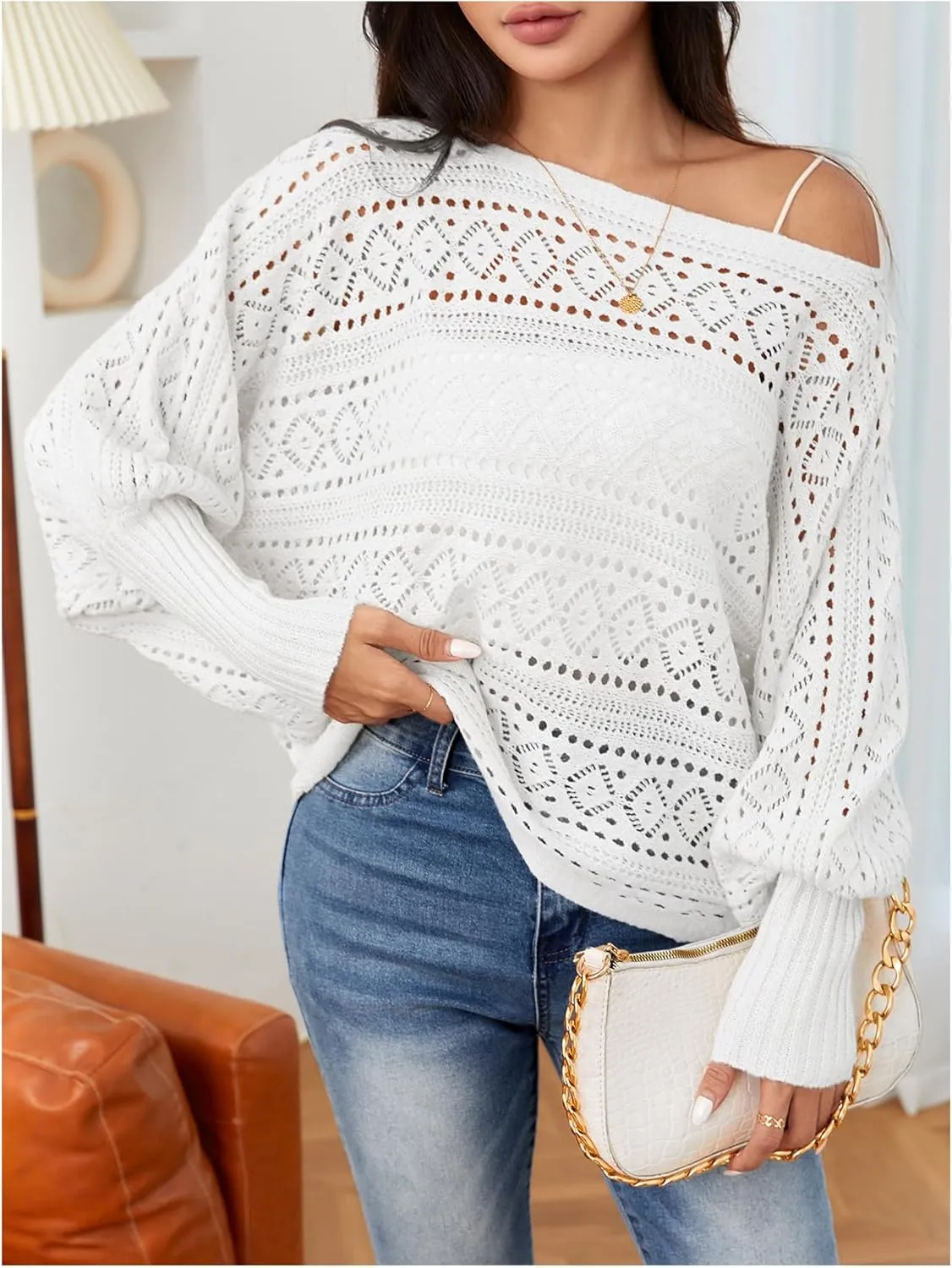 Verdusa Women's Off The Shoulder Sweater Crochet Dolman Sleeve Hollow Out Oversized Boat Neck Long Sleeve Pullovers