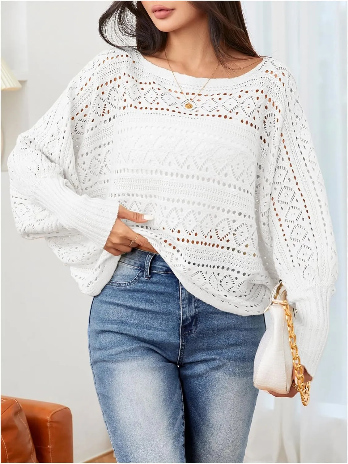 Verdusa Women's Off The Shoulder Sweater Crochet Dolman Sleeve Hollow Out Oversized Boat Neck Long Sleeve Pullovers