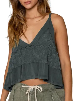 VNIRA Womens Sleeveless Peplum Spaghetti Strap Babydoll V Neck Ruffle Loose Fit Waffle Knit Crop Boho Tank Tops