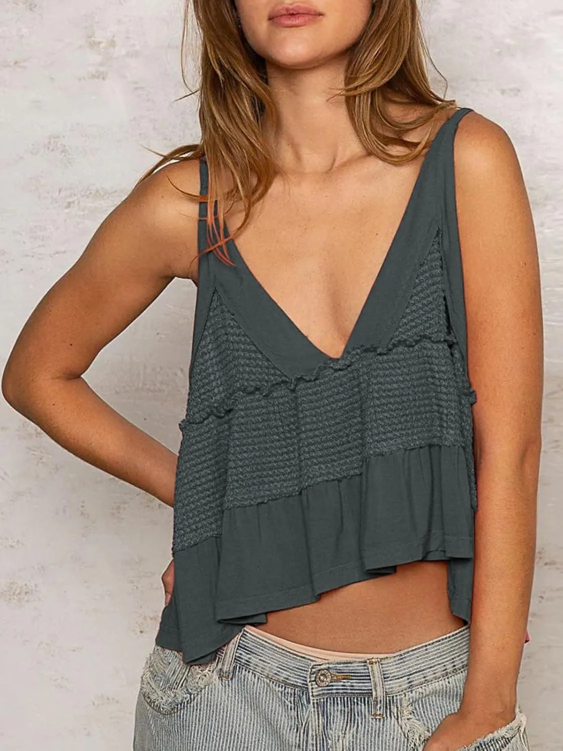 VNIRA Womens Sleeveless Peplum Spaghetti Strap Babydoll V Neck Ruffle Loose Fit Waffle Knit Crop Boho Tank Tops