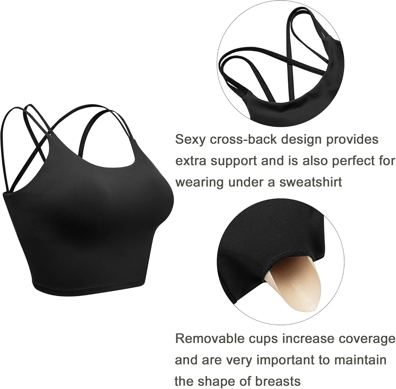 Vorcy Womens Padded Sports Bra Fitness Workout Running Camisole Crop Top with Built in Bra