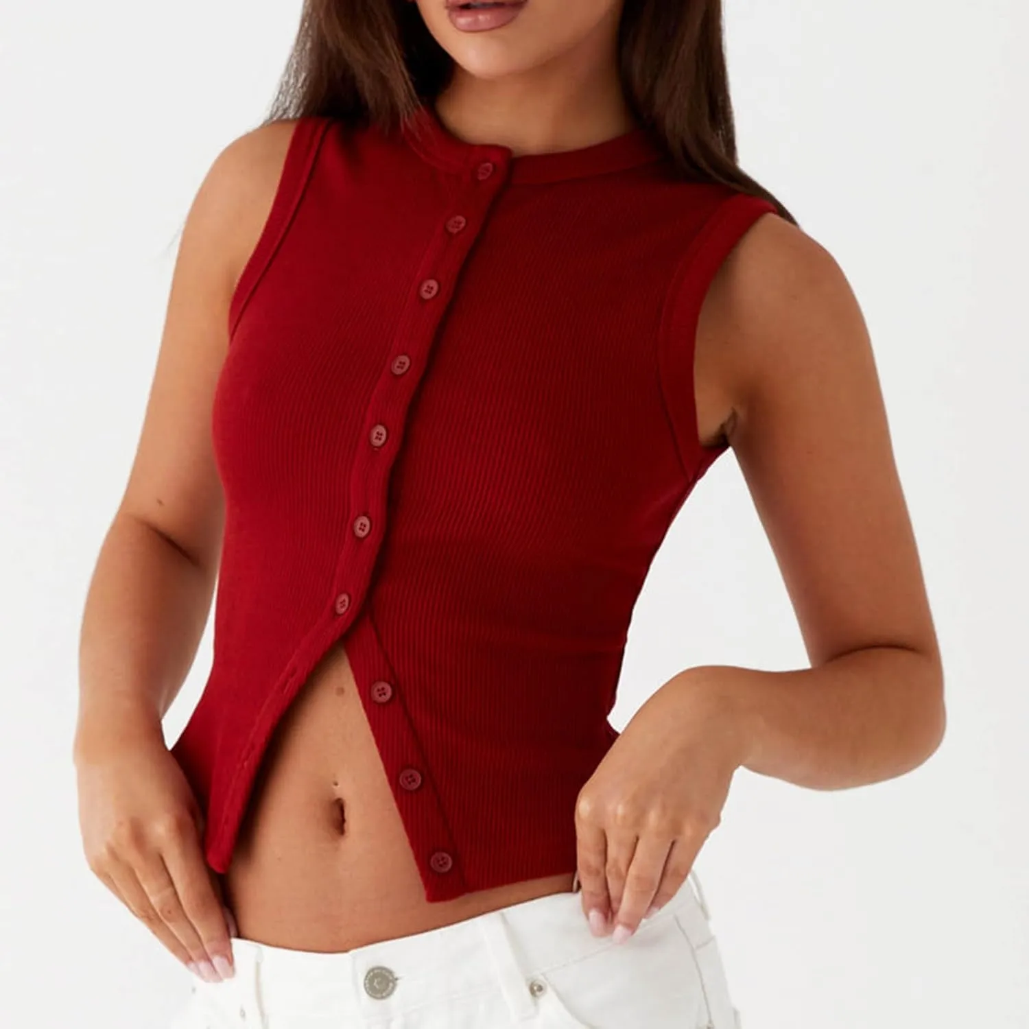 wdehow Women Y2k Ribbed Vest Button Down Solid Color V Neck Sleeveless Slim Fit Crop Going Out Tops
