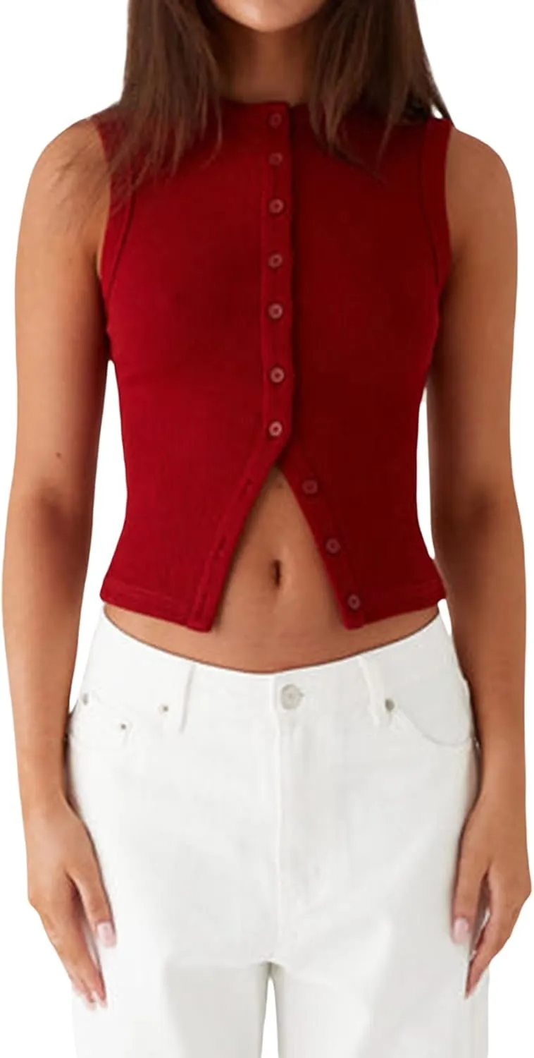 wdehow Women Y2k Ribbed Vest Button Down Solid Color V Neck Sleeveless Slim Fit Crop Going Out Tops