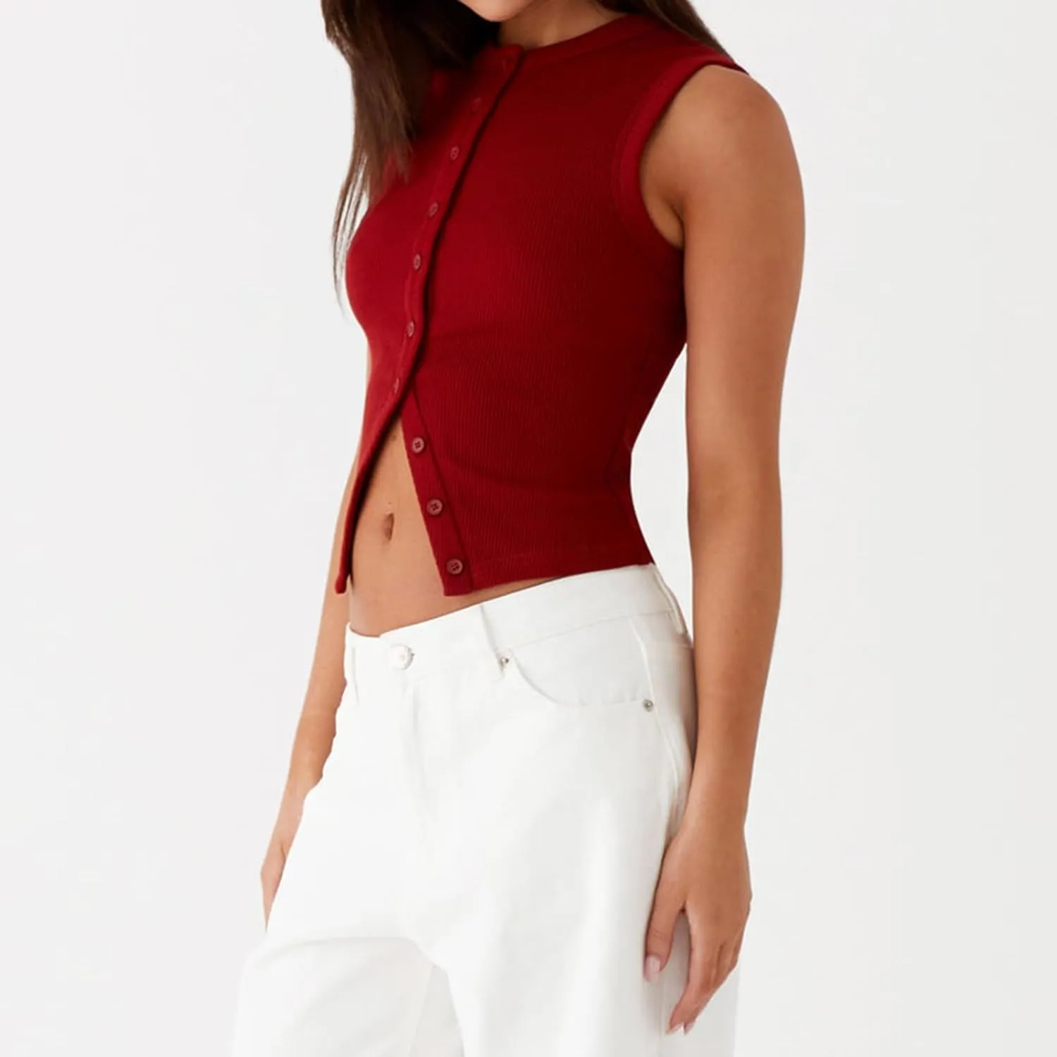 wdehow Women Y2k Ribbed Vest Button Down Solid Color V Neck Sleeveless Slim Fit Crop Going Out Tops