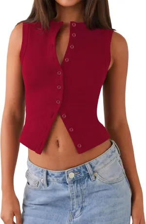 wdehow Women Y2k Ribbed Vest Button Down Solid Color V Neck Sleeveless Slim Fit Crop Going Out Tops