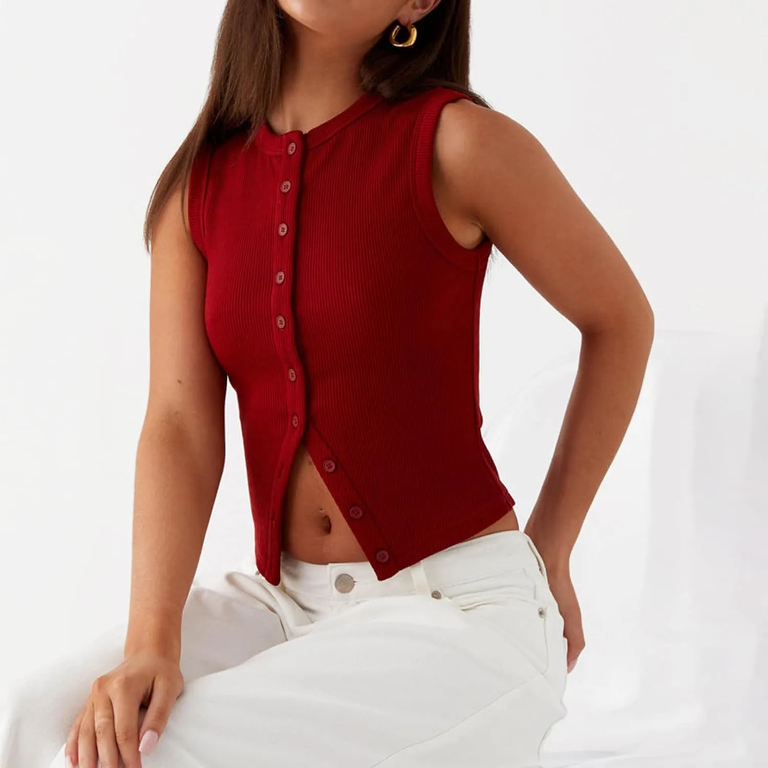 wdehow Women Y2k Ribbed Vest Button Down Solid Color V Neck Sleeveless Slim Fit Crop Going Out Tops