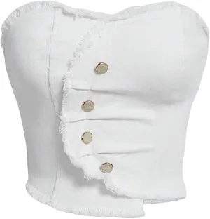 WDIRARA Women's Y2k Button Denim Tube Tops Strapless Asymmetrical Crop Top Sleeveless Zipper Back Bandeau
