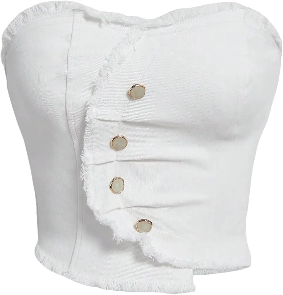 WDIRARA Women's Y2k Button Denim Tube Tops Strapless Asymmetrical Crop Top Sleeveless Zipper Back Bandeau