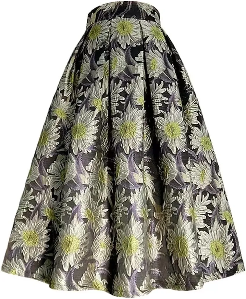 Wjnvfioo Autumn Women Flower Embroidry High Waist Long Midi Skirt