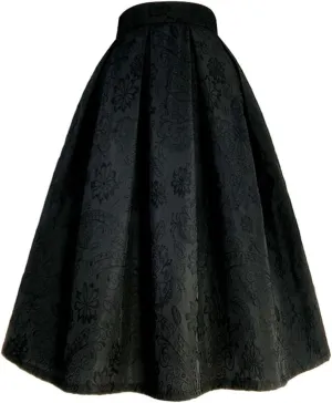 Wjnvfioo Spring Autumn Women Black Floral Embroidery High Waist Pleated Long Midi Skirt