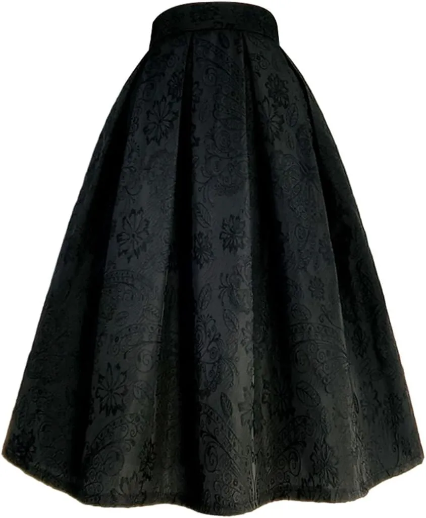 Wjnvfioo Spring Autumn Women Black Floral Embroidery High Waist Pleated Long Midi Skirt