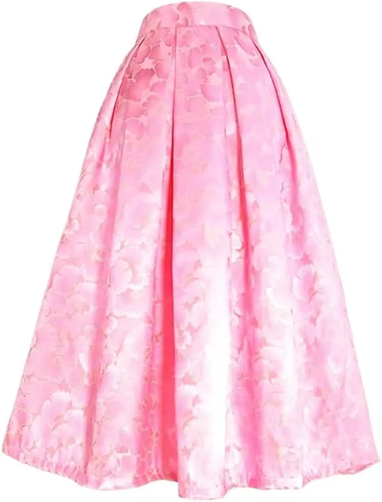 Wjnvfioo Spring Pink High Waist Pleated Puffy Long Midi Skirt