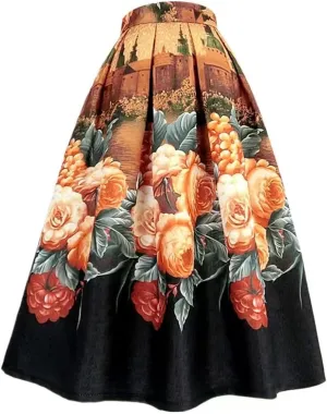 Wjnvfioo Spring Print High Waist Pleated Midi Skirt