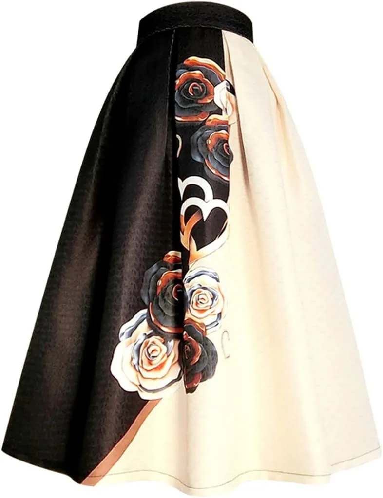 Wjnvfioo Spring Print High Waist Pleated Midi Skirt