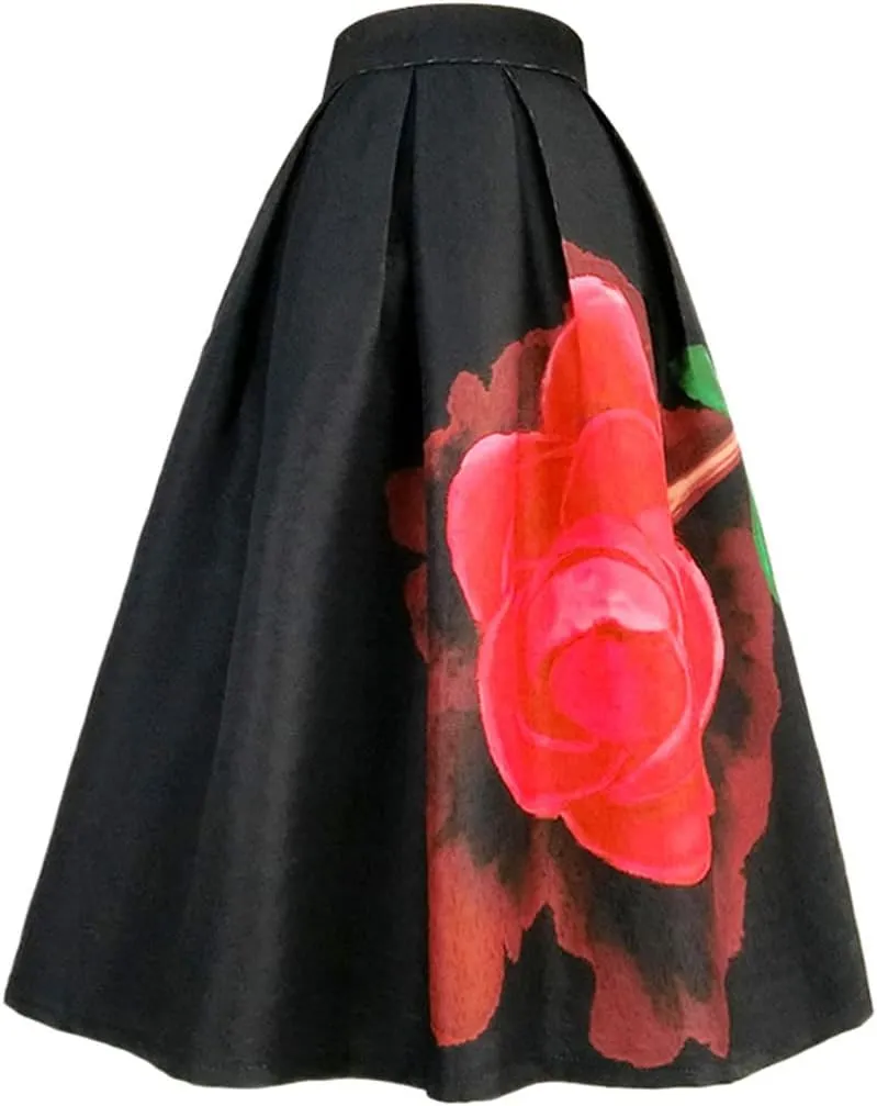 Wjnvfioo Spring Print High Waist Pleated Midi Skirt