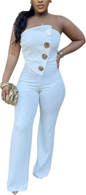 Women Elegant Wide Leg Jumpsuits Off Shoulder Sleeveless Loose Straight Leg Pants Rompers