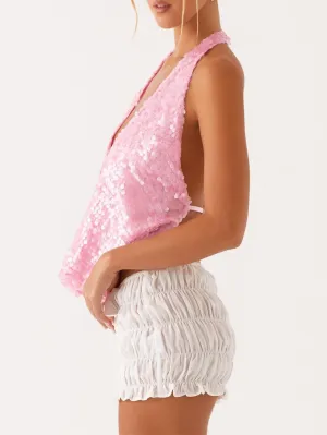 Women Halter Sequin Tank Top Sexy Y2K V Neck Low Cut Sleeveless Backless Vest Coquette Sparkly Summer Club Streetwear