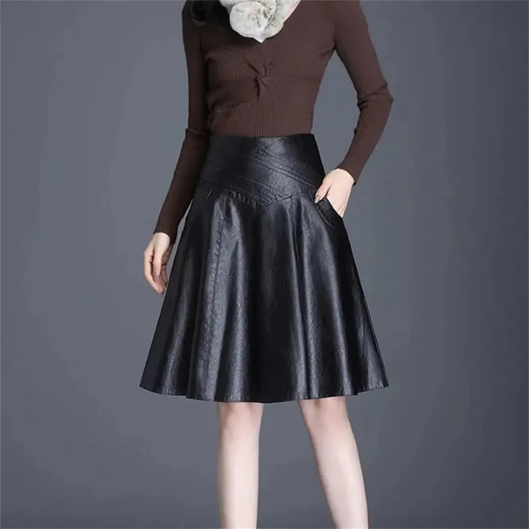 Women Leather Midi Skirt A-Line Large Size Over The Knee Mid-Length High-Waist Pleated Skirt Autumn Winter