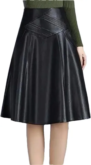 Women Leather Midi Skirt A-Line Large Size Over The Knee Mid-Length High-Waist Pleated Skirt Autumn Winter